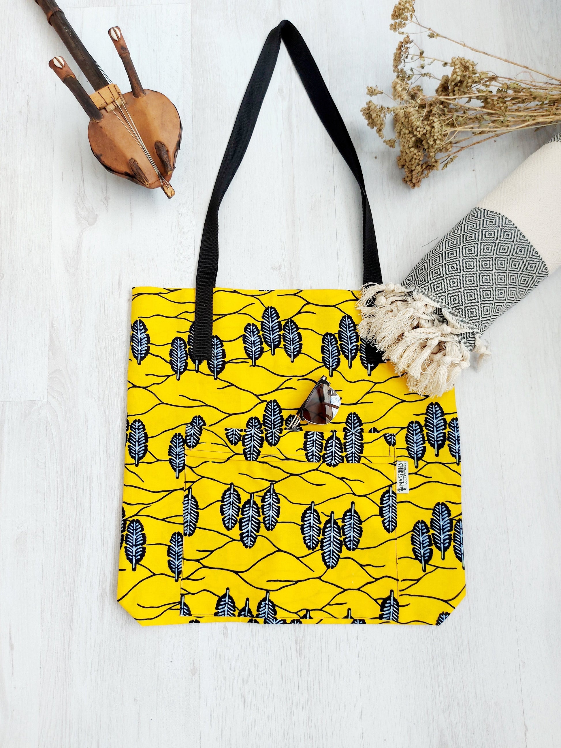 Handmade African Print Tote Bag | Beach Bag | Shopping Bag | Vegan Leather Detail-6