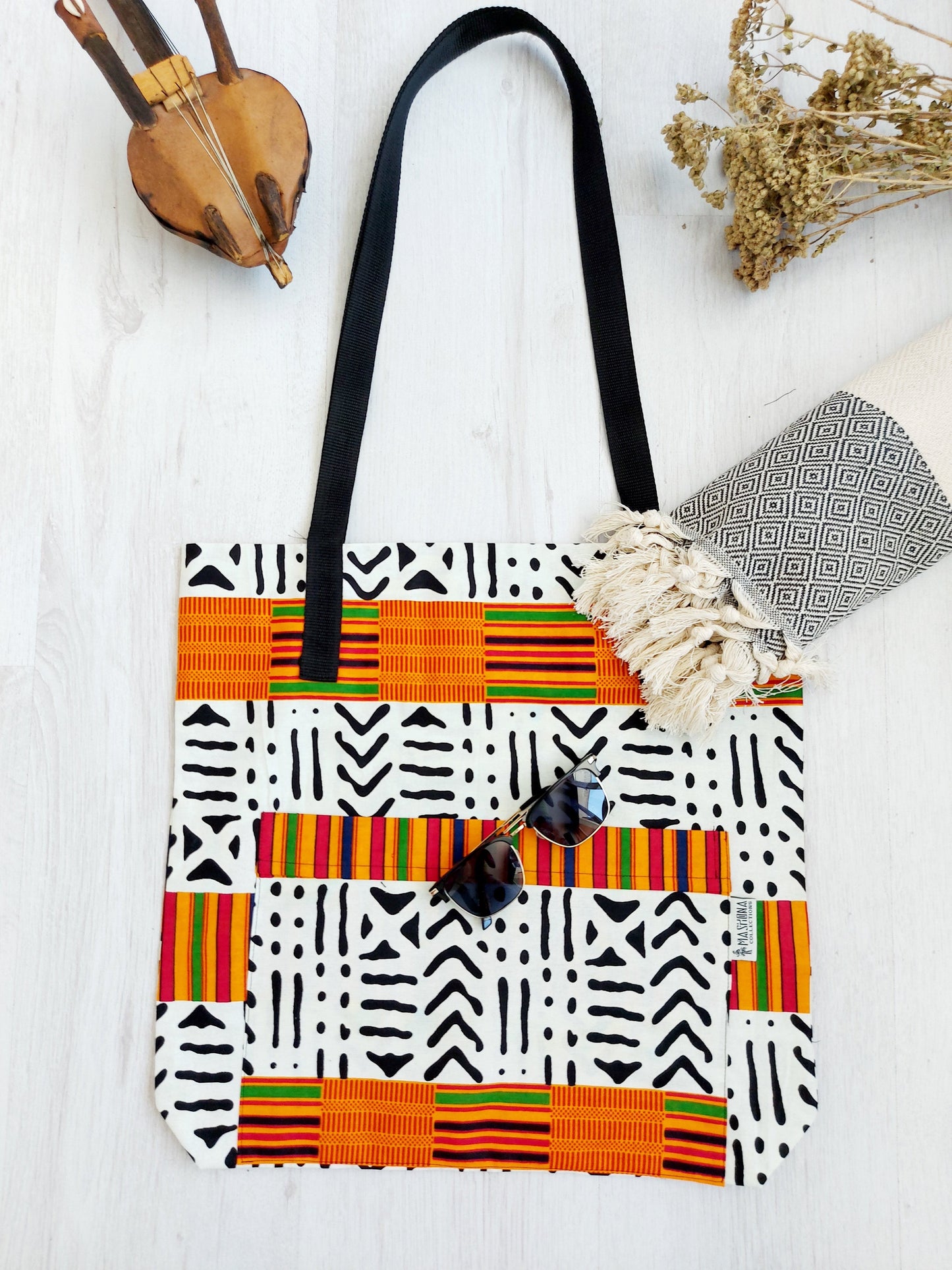 Handmade African Print Tote Bag | Beach Bag | Shopping Bag | Vegan Leather Detail-4