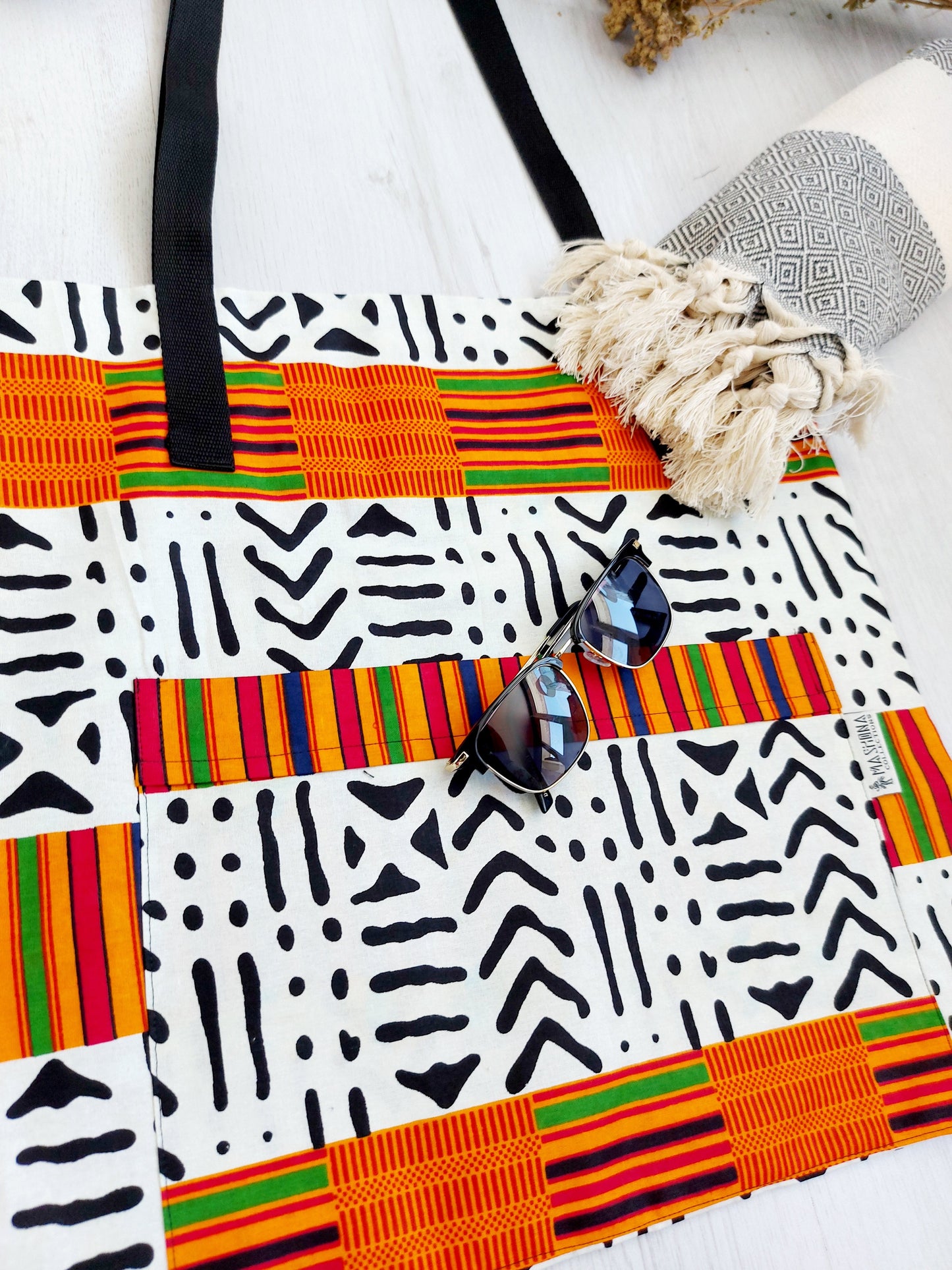 Handmade African Print Tote Bag | Beach Bag | Shopping Bag | Ankara X Mudcloth Print-3