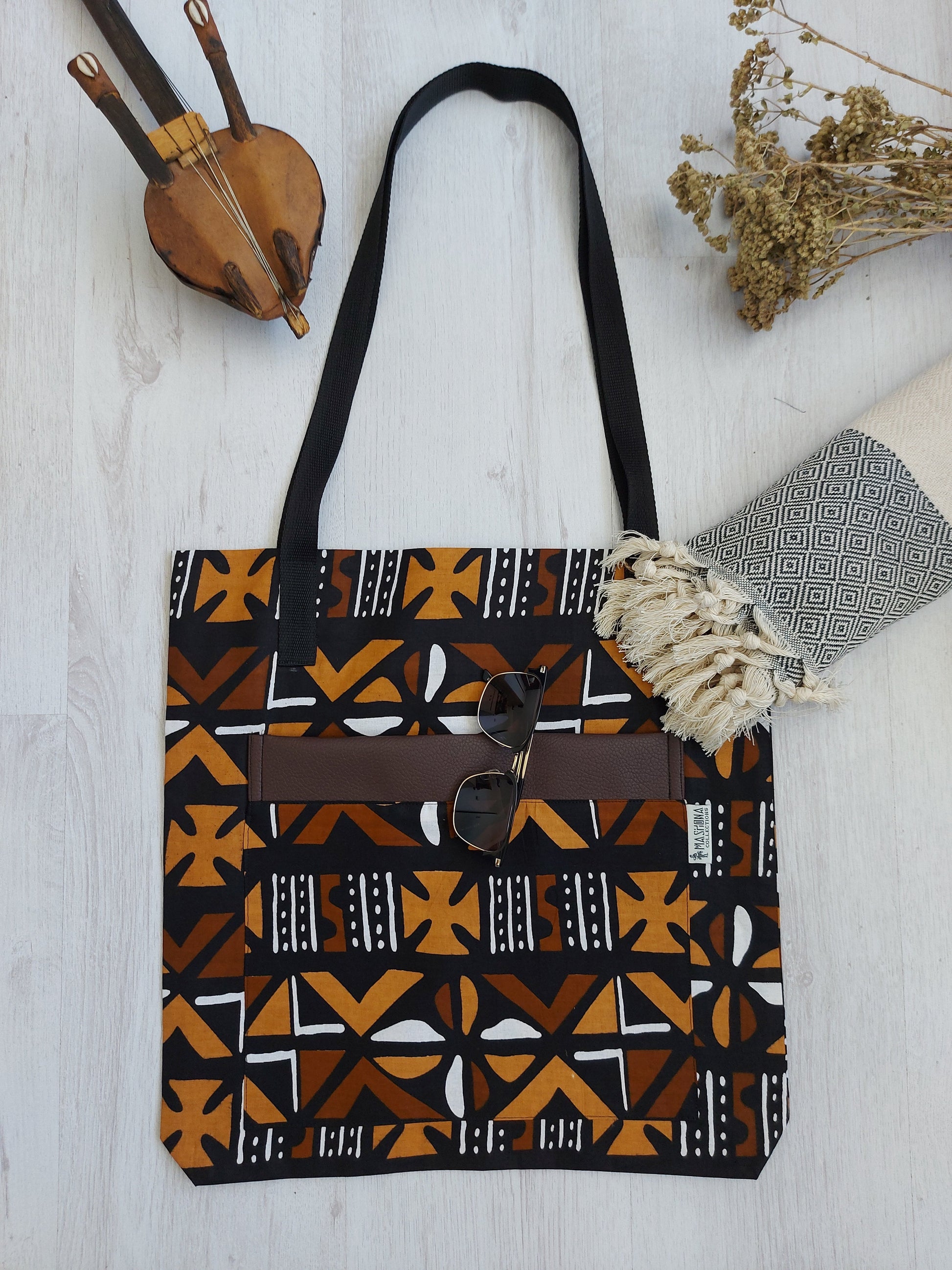 Handmade African Print Tote Bag | Beach Bag | Shopping Bag | Vegan Leather Detail-0