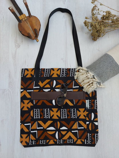 Handmade African Print Tote Bag | Beach Bag | Shopping Bag | Ankara X Mudcloth Print-7