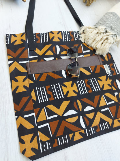 Handmade African Print Tote Bag | Beach Bag | Shopping Bag | Vegan Leather Detail-3