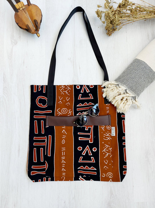Handmade African Print Tote Bag | Beach Bag | Shopping Bag | Vegan Leather Detail-0